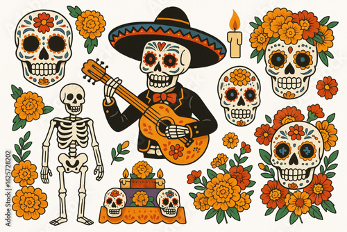 Día de los Muertos Sugar Skull Vector with Flowers, Sombrero, Candle, and Traditional Elements