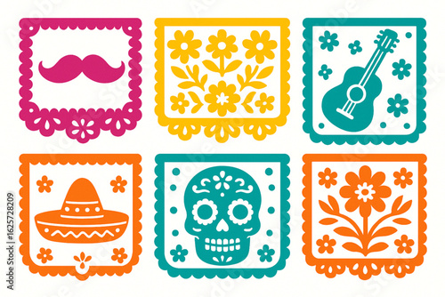 Colorful Mexican Paper Cut-Out Set with Mustache, Flowers, Guitar, Sombrero, and Skull