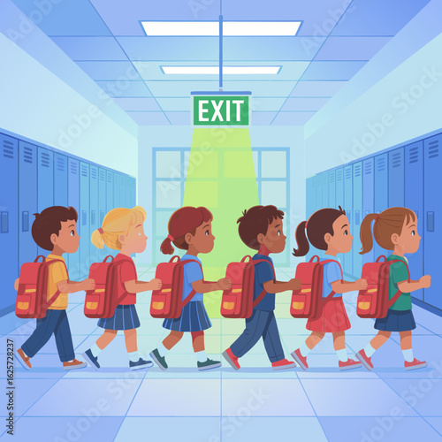 A group of diverse schoolchildren wearing backpacks walk in a line down a school hallway towards an exit sign.