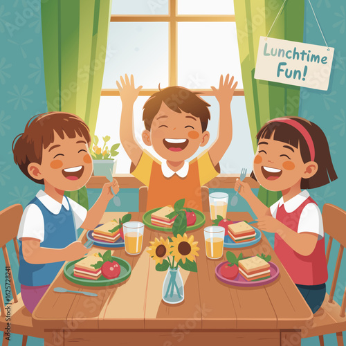 Happy children enjoying a fun lunchtime meal together at a table.