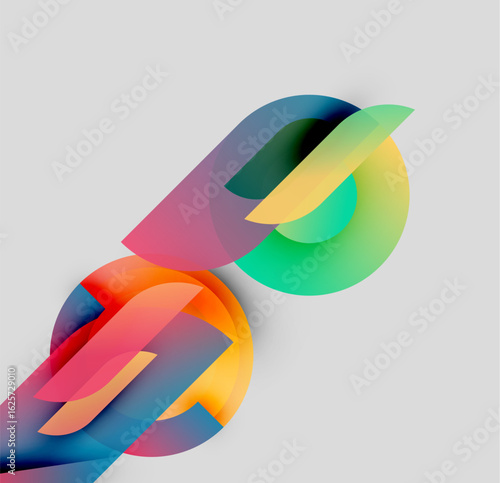 Abstract colorful shapes overlap, creating dynamic visual flow. Gradients blend smoothly, offering modern aesthetic.