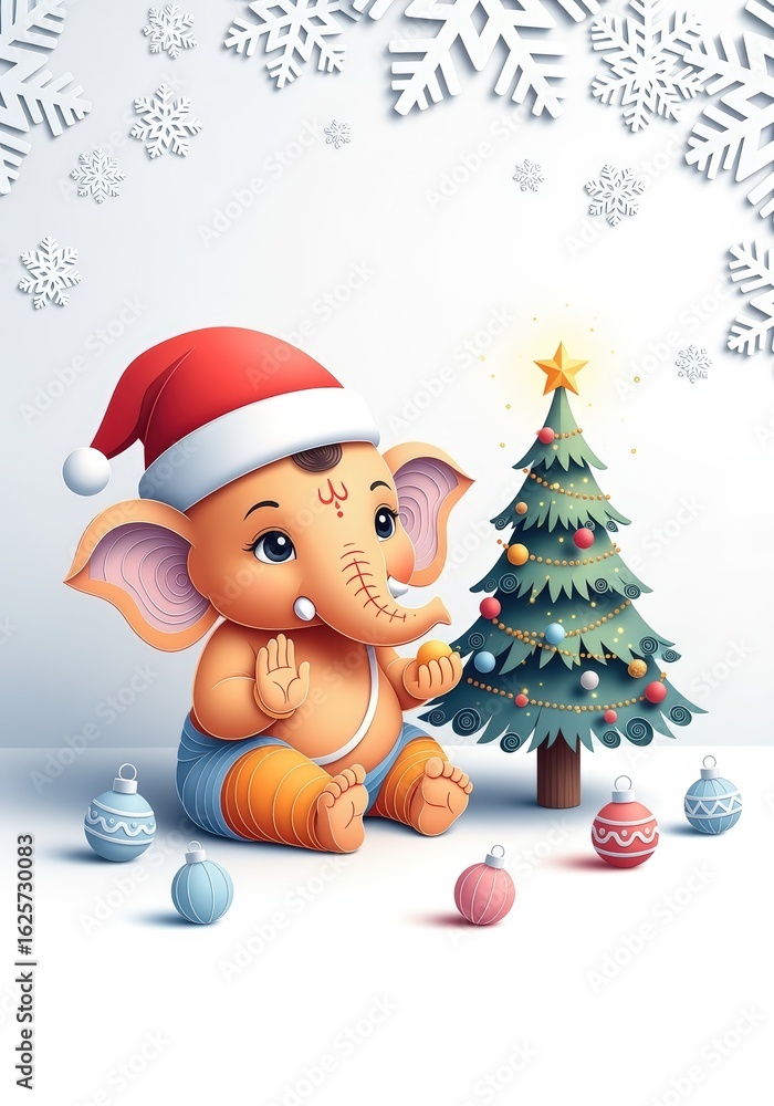 Fototapeta premium A cute baby elephant wearing a santa hat is sitting next to a christmas tree surrounded by ornaments