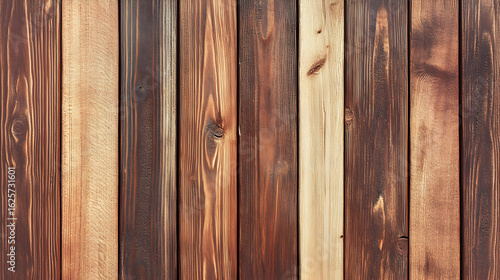 Vertical wooden planks form a textured brown background.