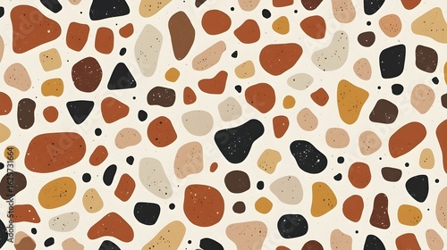 Modern Terrazzo-Style Seamless Pattern – Abstract Flat-Lay with Speckled Terracotta, Black & Mustard Fragments