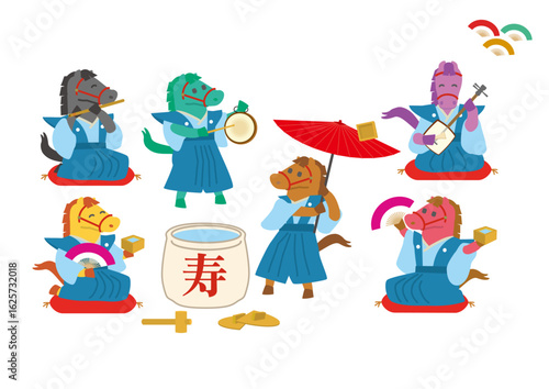 2026年　午年　年賀状用　干支の馬の新年会イラスト