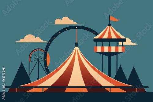 Vibrant flat design illustration of a classic circus tent and ferris wheel under a cloudy sky