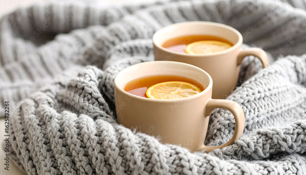 Cozy lemon tea on knitted blanket Cozy lemon tea on knitted blanket