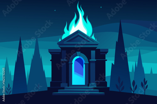 Mysterious ancient structure ablaze with ethereal turquoise fire under a dark starry night sky