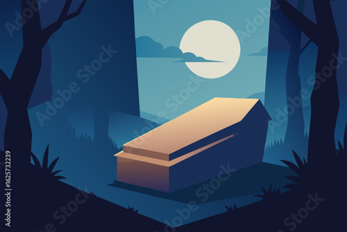 A solitary coffin rests in a dark moonlit forest clearing evoking a sense of mystery and solitude