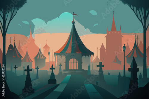 Eerie circus tents and tombstones under a twilight sky with a muted color palette
