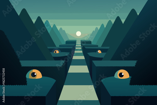 Mysterious eyes peer from dark canyons along a striped path towards a distant sun