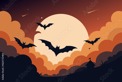 Halloween night with bats flying across a large moon and orange clouds