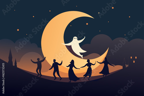 Whimsical halloween night with dancing figures and a friendly ghost beneath a crescent moon