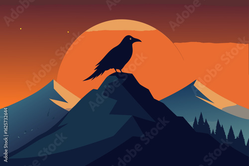 Silhouette of a raven perched atop a mountain peak against a vibrant sunset sky