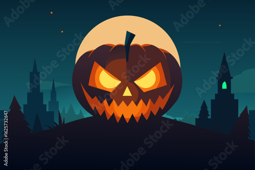 Spooky jack o lantern grins under a full moon on a haunted halloween night