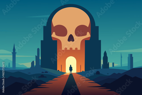 Lone figure approaches a colossal skull shaped gateway in a surreal desolate landscape
