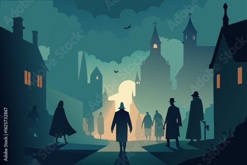 Silhouetted figures walk through a mysterious atmospheric cityscape under a twilight sky