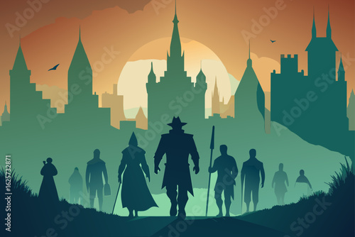 Silhouette adventurers approach a mysterious city under a hazy orange sunset sky