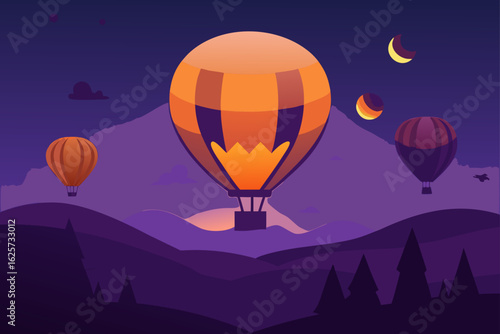 Three colorful hot air balloons float serenely over a mountainous landscape at twilight