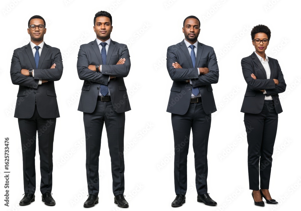 Confident diverse professionals standing with arms crossed on white background Confident diverse professionals standing with arms crossed on white background