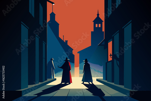 Mysterious figures in cloaks gather on a dimly lit street at dusk with dramatic shadows