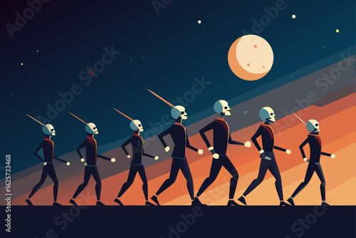 Skeleton figures in procession under a full moon and starry night sky