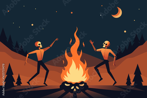 Two skeletons dancing joyfully around a crackling campfire under a crescent moon