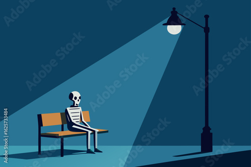 A lonely skeleton patiently waits under a streetlamp on a dark blue night