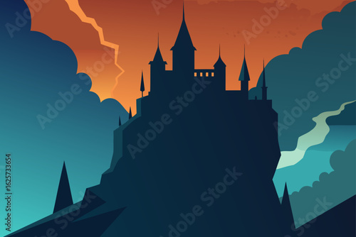 Dark castle silhouette perched on a cliff against a dramatic orange and blue sky