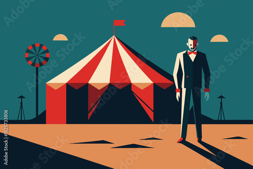 A stylized ringmaster stands proudly before a classic red and white striped circus tent