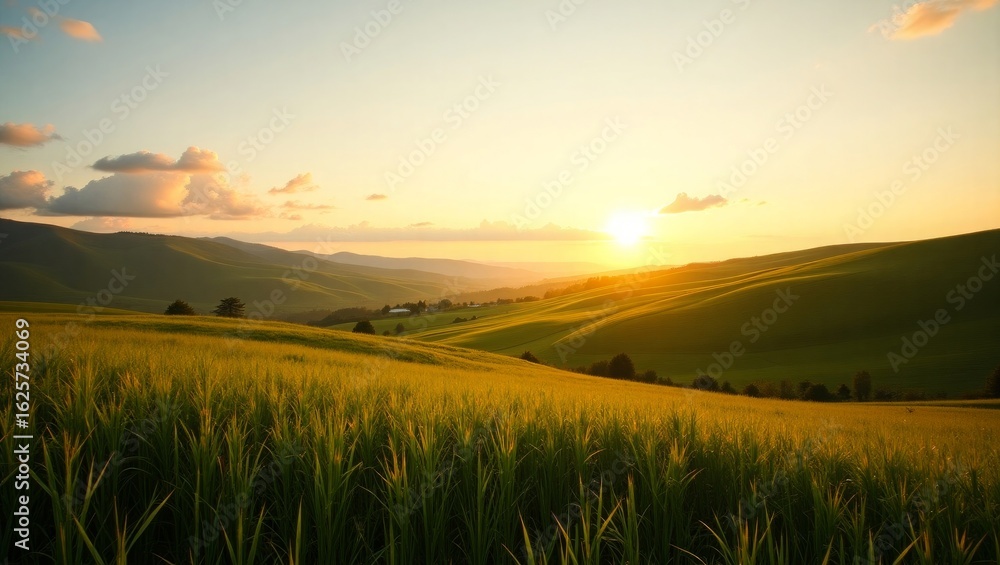 Obraz premium Sun Rays Shining Over Rolling Hills – Beautiful Green Meadow at Sunrise