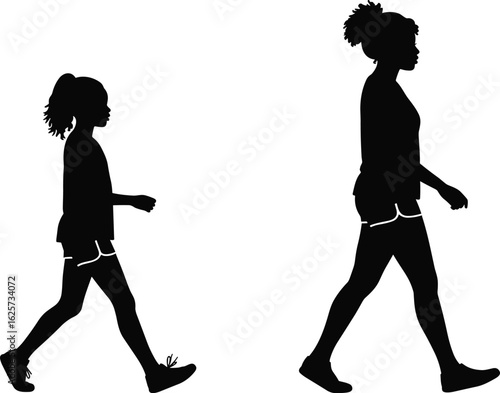 Silhouette of mother and daughter walking, generational bond, family growth, black and white art, emotional connection, timeless moment, side by side