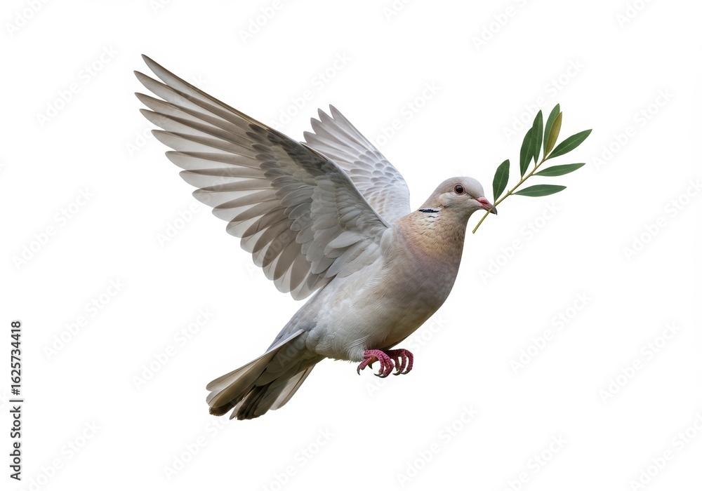 Obraz premium Eurasian collared dove gracefully soars with olive branch in beak conveying peace