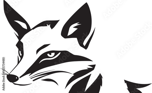 A stylized black and white fox design, featuring bold, sweeping, curved lines that form an elegant and abstract silhouette. The fox is seated gracefully, with its tail and fur created using modern, ge