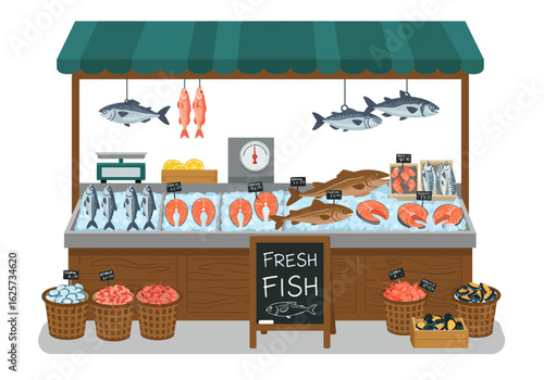 Fresh Fish Market Stall with Variety of Seafood on Ice.