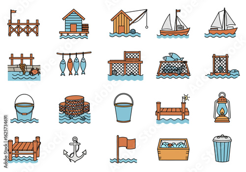 Collection of Fishing and Coastal Lifestyle Icons.