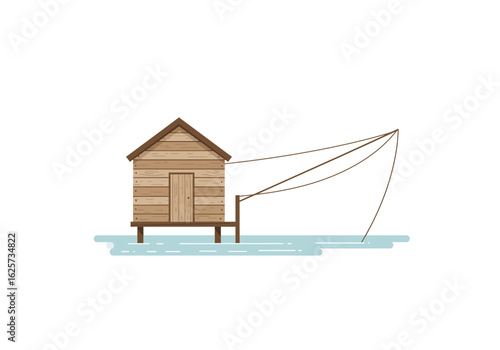Wooden Fishing Hut on Stilts with Fishing Lines.