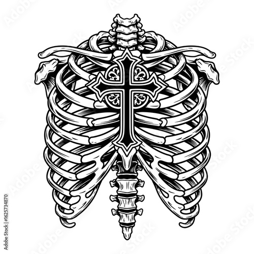 Gothic Ribcage Cross Symbol Black White Vector Tattoo Design Art