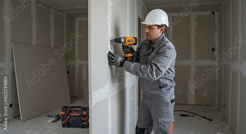 Worker wearing a helmet, gloves, and grey uniform installing a drywall panel with a power screwdriver in a room under construction.