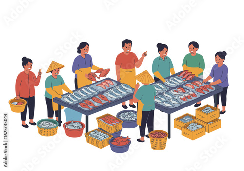 Busy Asian Fish Market Scene with Vendors and Fresh Seafood.
