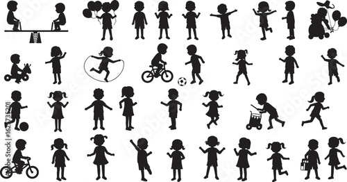 Silhouettes of children playing, outdoor fun, childhood joy, engaging activities, educational themes, recreational moments, kids games, sports, movement, toys