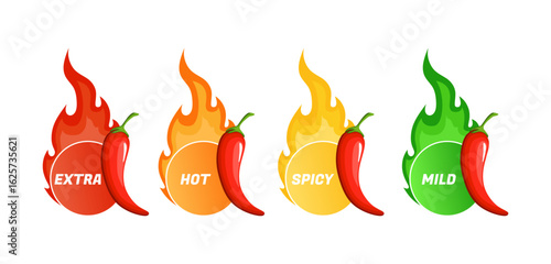 Hot spicy level labels, vector icons chili pepper, cayenne or jalapeno with red, yellow, orange and green fire flames. Extra, spicy, hot and mild strength of sauce or snack, savory food scale emblems