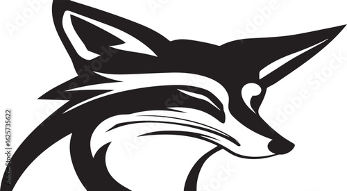 A stylized black and white fox design, featuring bold, sweeping, curved lines that form an elegant and abstract silhouette. The fox is seated gracefully, with its tail and fur created using modern, ge
