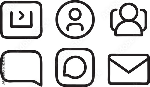 Black line icons for communication and social media on white background symbols chat