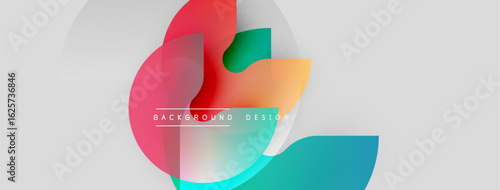 Abstract colorful shapes overlap. Modern design features vibrant gradients, smooth transitions, minimal text elements. Background appears light gray.