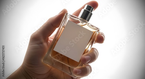 Close-up of a hand holding a rectangular glass perfume bottle with a blank label. Perfect for beauty and fragrance product mockups on a white background.