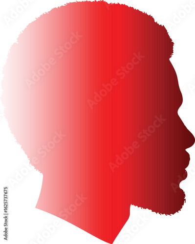 The image shows a red gradient silhouette of a man's head and shoulders in profile view, facing to the right, with a full head of afro-textured hair.
