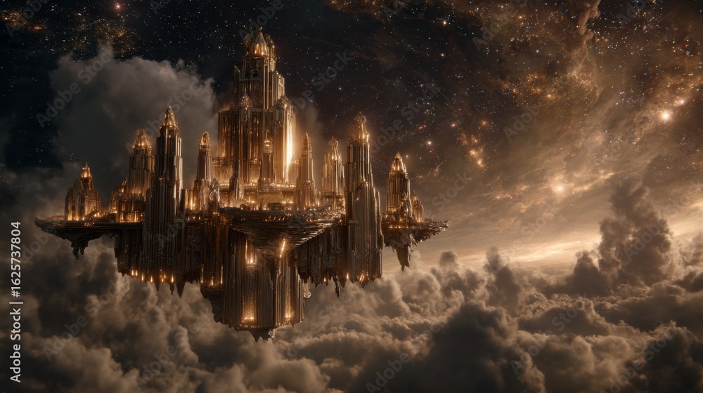 Naklejka premium Majestic Golden City Floating Among Celestial Clouds in a Cosmic Universe During a Starry Night Sky