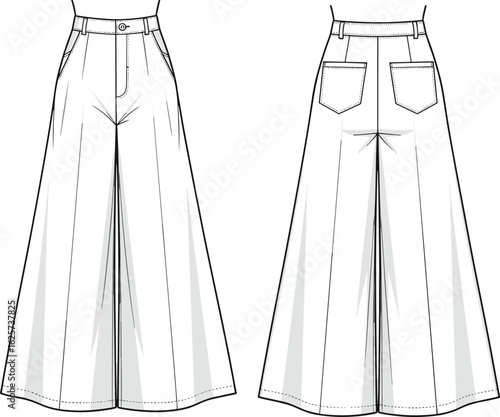 Wide leg high waist pants fashion technical sketch, front and back view, garment flat drawing, vector illustration for design