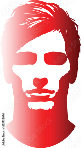 This image is a stylized portrait of a man's face, depicted in shades of red, with short, slightly tousled hair, and sunglasses obscuring his eyes, suggesting a confident and fashionable persona.